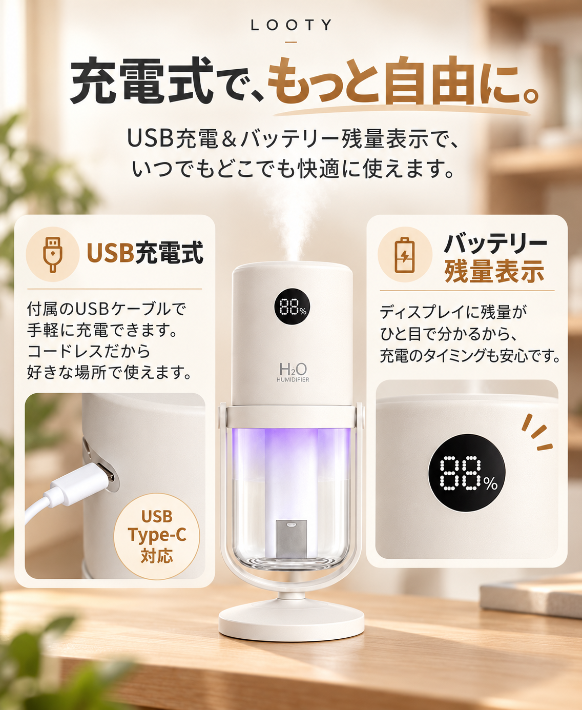 【本日終了⏰】【累計15万台突破🏆】LOOTY コードレスダブルミスト加湿器【顧客満足度No.1獲得商品🥇】【全国送料無料🚗】