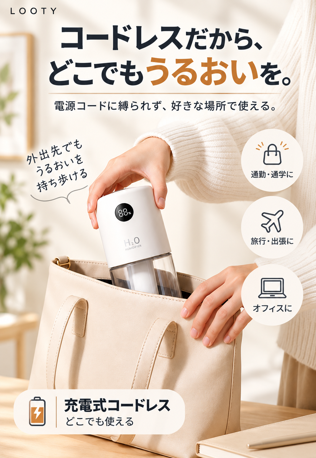 【本日終了⏰】【累計15万台突破🏆】LOOTY コードレスダブルミスト加湿器【顧客満足度No.1獲得商品🥇】【全国送料無料🚗】