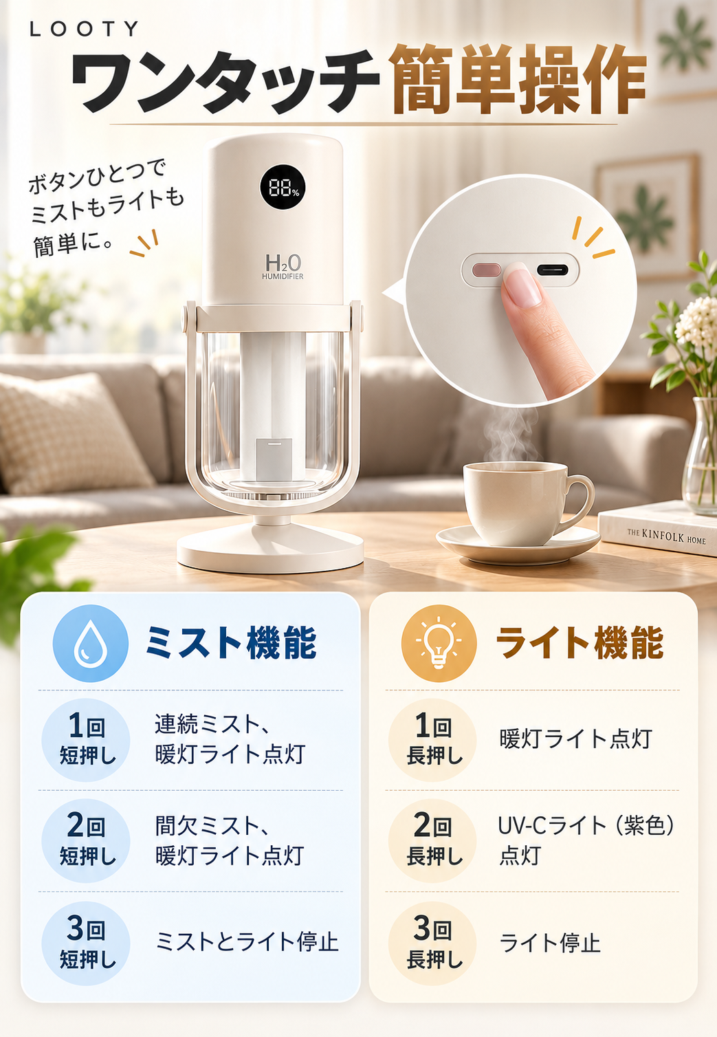 【本日終了⏰】【累計15万台突破🏆】LOOTY コードレスダブルミスト加湿器【顧客満足度No.1獲得商品🥇】【全国送料無料🚗】