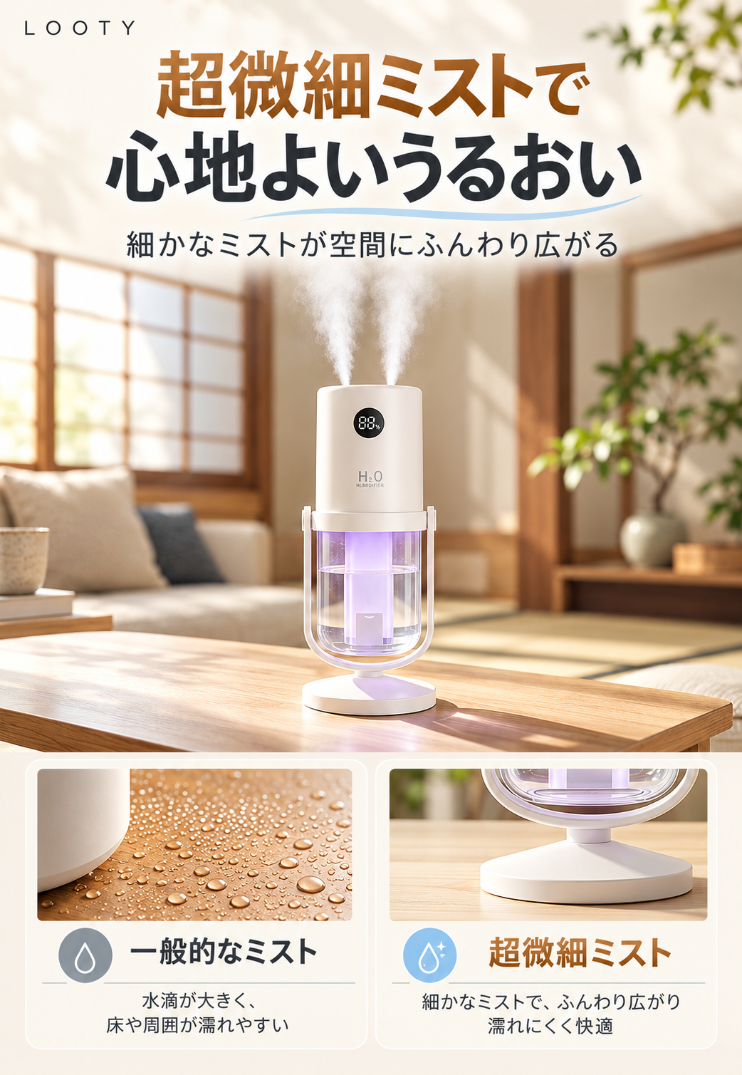 【本日終了⏰】【累計15万台突破🏆】LOOTY コードレスダブルミスト加湿器【顧客満足度No.1獲得商品🥇】【全国送料無料🚗】
