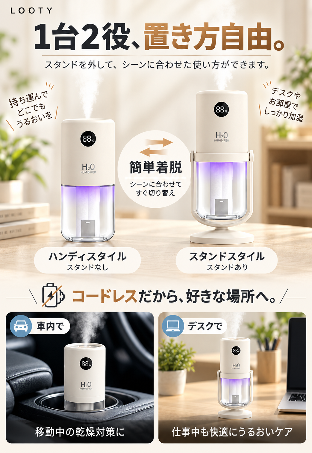 【本日終了⏰】【累計15万台突破🏆】LOOTY コードレスダブルミスト加湿器【顧客満足度No.1獲得商品🥇】【全国送料無料🚗】